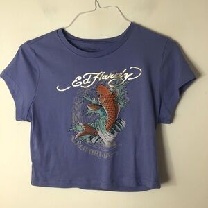 Ed Hardy Lavender Tee with Orange Koi and Teal Waves crop women large